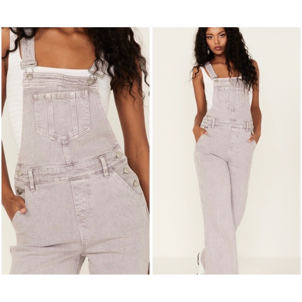 Cleo + Wolf Lavender Wide Leg Denim Overalls Raw Hem Purple Lilac Size L
